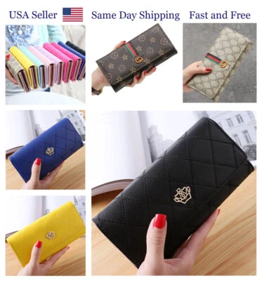 Women Lady Leather Envelope Clutch Wallet Crown Zip Fashion Card Handbag Long PU - Image 1 of 4