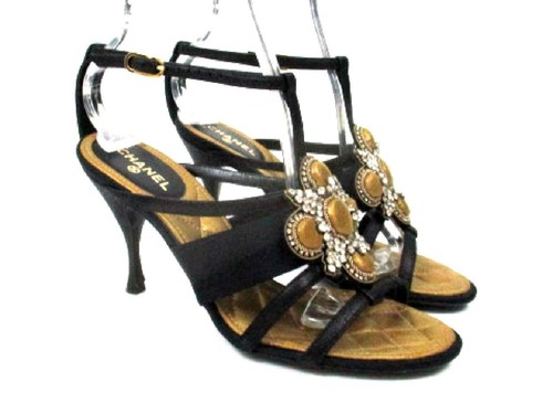 SANDALI CHANEL 06P NERI IN PELLE E CRISTALLO GROSGRAIN IMPREZIOSITI DA CINTURINO A T TG.36