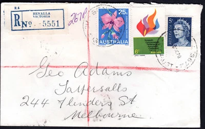 Cubierta registrada Benalla VIC 1970 Australia 36c tarifa 25c flor 5c QEII 6c parl. Foto 1 de 4