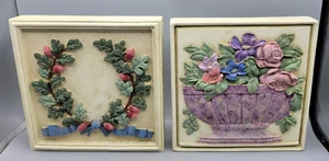 Vintage Resin Hermitage Square Floral Flower Wall Plaques Raised Pattern 8.25" - Picture 1 of 2