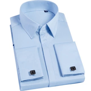 Mens Dress Shirts Long Sleeve French Cuff Formal Slim Business Camisas Shirts - Picture 1 of 17