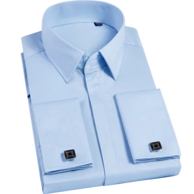 Mens Dress Shirts Long Sleeve French Cuff Formal Slim Business Camisas Shirts - Image 1 of 4