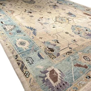 Modern Oushak Hand Knotted Floral Rug 10x14 Beige Wool Carpets for Living Room - Picture 1 of 6