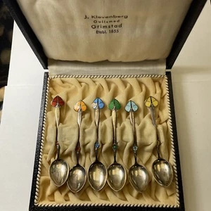 VINTAGE STERLING SILVER PINK ENAMEL BUTTERFLY DEMITASSE SPOON Nils Hansen Norway - Picture 1 of 9