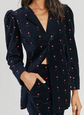 Blazer Something Azul Marino Para Mujer Terciopelo Hombro Abullonado Floral Talla LRG NUEVO LEER Foto 1 de 4