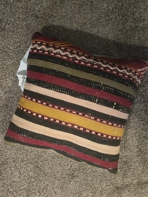 Funda de almohada Kilim turco gris rojo beige 16" X 16” almohada de lana a rayas Foto 1 de 4
