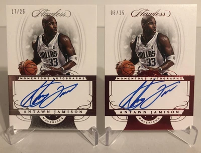 LOTE DE 2 TARJETAS 2017-18 autógrafos impecables momentáneos plata y rubí Antawn Jamison Foto 1 de 4