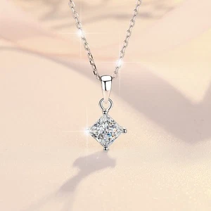 1ct D Color Princess Cut Moissanite Pendant Necklace Women Chain 18K Gold Plated - Picture 1 of 13