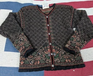 Womens Dale of Norway Cardigan Sweater Size Small Black Red Floral Wool - Picture 1 of 5