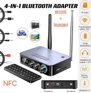 4 in1 Bluetooth5.1 Transmitter Receiver Wireless AUX NFC to RCA Audio Adapter FM - Picture 1 of 23