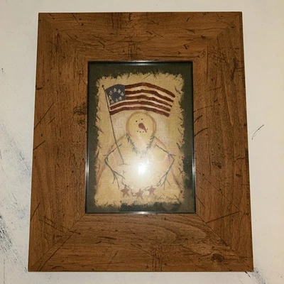 Lori Maphies Framed Folk Art Painting Betsy Ross Flag Patriotic Snowman Rustic - Image 1 of 4