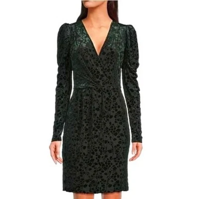 NEW Tommy Hilfiger Puff Sleeve Burnout Velvet Floral Faux Wrap Dress 10 - Image 1 of 4