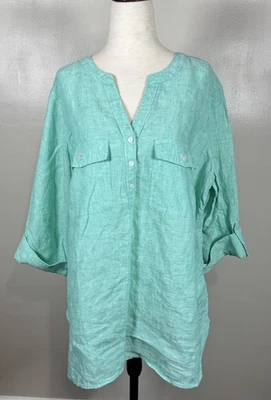 NWT Talbots Size 1x Aqua Blue 100% Linen Pintuck Popover Roll Tab Sleeve Top - Image 1 of 4