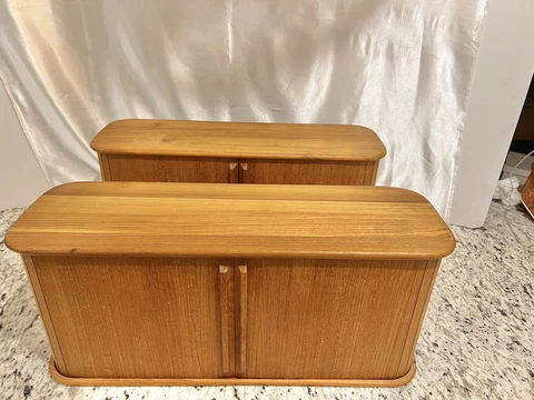 Vintage MCM Teak Tech Wood Wall Hanging Tambour Cabinet Set Of 2 Roll Doors Cover