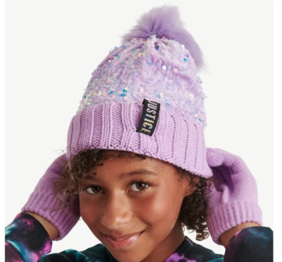 Gorro de lentejuelas Justice Girls con pompón y guantes, conjunto de 2 piezas PÚRPURA NUEVO Foto 1 de 4