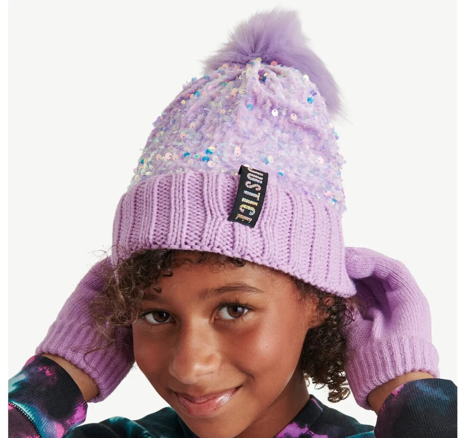 Gorro de lentejuelas Justice Girls con pompón y guantes, conjunto de 2 piezas PÚRPURA NUEVO Foto 1 de 4