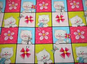 Cat Fabric By Yard Kitty Mouse Pink Green Blue White Patch Henry Glass Cotton #C - Picture 1 of 2