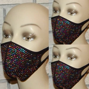 LOT OF 3 MULTICOLORS SPARKLY BEADS ON BLACK WASHABLE STRETCH FACE MASK INDIANA - Picture 1 of 1