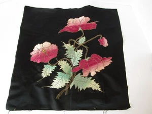 Antique Black Silk Embroidered Pink Ombres Peony Flowers 20"sq fabric - Picture 1 of 13
