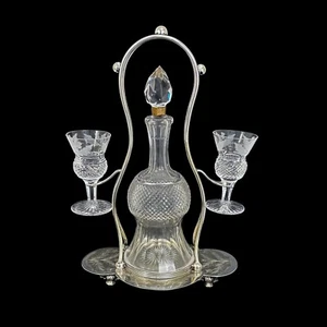 Victorian Edinburgh crystal 'Thistle' silver plated decanter set, 2 shot glasses - Picture 1 of 24