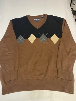 复古 Damon 男式 Argyle 高尔夫毛衣 XL 码棕色 — 第 1/4 张图片