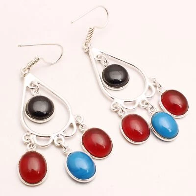 Rosso Onice Gemma Design Handmade Gioielli Pendenti Orecchino 6.5cm EE-030 - Immagine 1 di 4