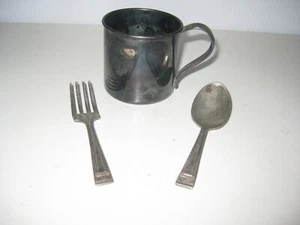 Antique 1881 Rogers Silver Plated Baby Cup + Fork & Spoon Set (NO MONOGRAMS) - Picture 1 of 4