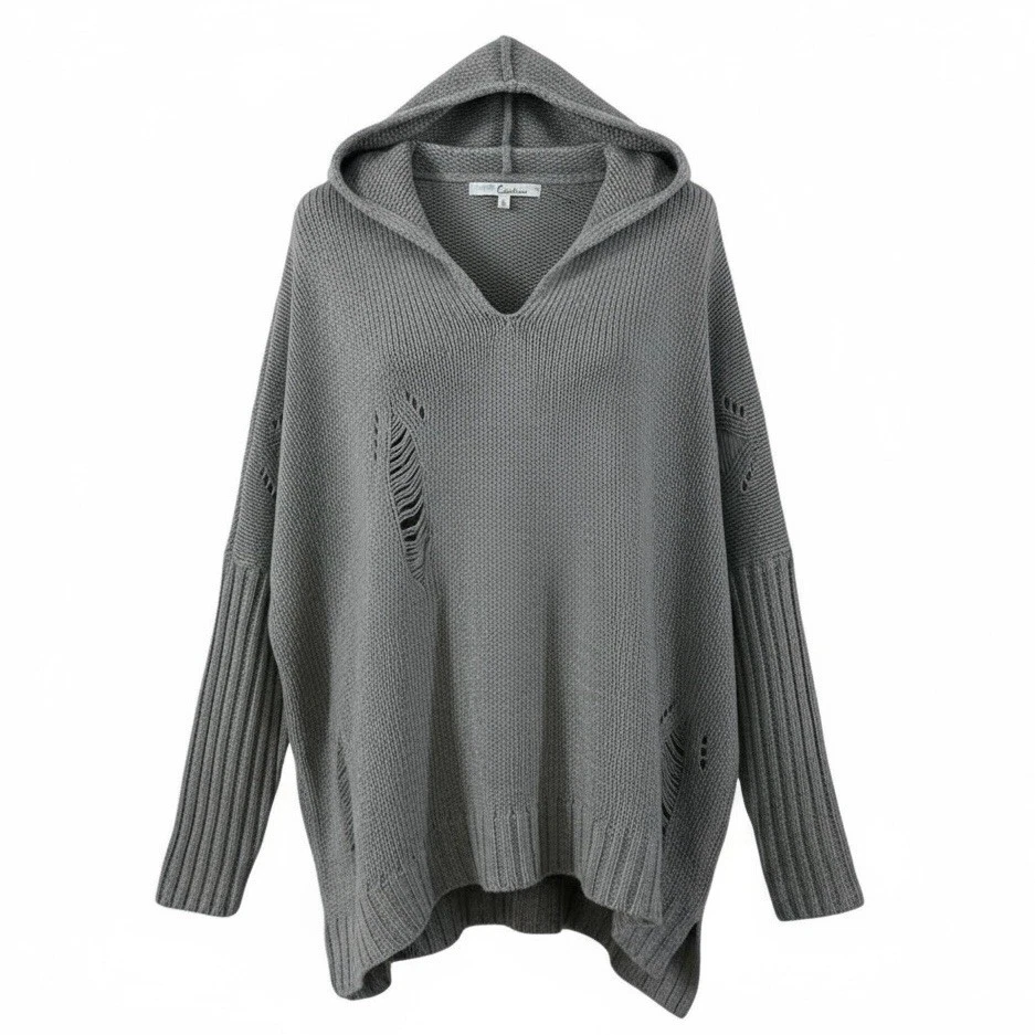 Suéter con Capucha Cecico Talla Pequeña Gran Tamaño Suelto Envejecido Tejido Sudadera con Capucha Gris Foto 1 de 4