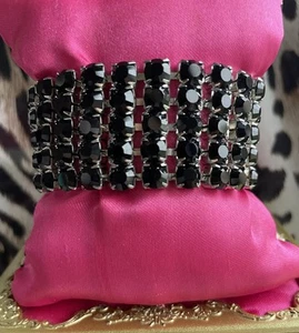 Tarina Tarantino Vintage Black Swarovski Crystal 5 Row Silver Statement Bracelet - Picture 1 of 9