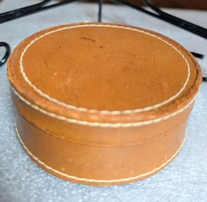 Vintage Betrix California Brown Tan Leather Round Jewelry Trinket Case Box  - Picture 1 of 7