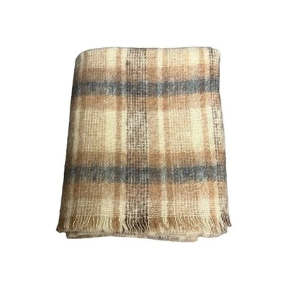 Donegal Design Mohair Blanket /Throw - Large Cream/Gray Wool Plaid 72”x56”  - Image 1 of 4
