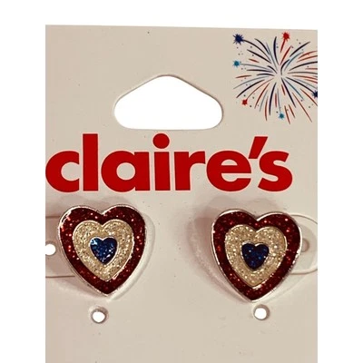 Claires New Post Pierced Earrings Patriotic Sparkly Heart - Image 1 of 4