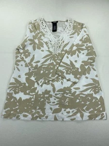 Premise Womens 3/4 Sleeve Crochet Neckline Linen Blouse in Tropical Floral - Lg - Picture 1 of 12