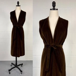 Vintage 60s Brown Velveteen Jumper Dress Deep V Neck Tie Belt Mod Goth Glamour S - Picture 1 of 13