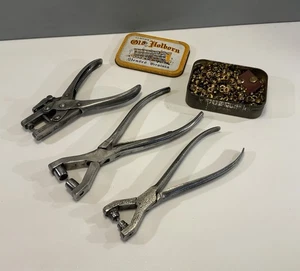 3 VINTAGE LEATHER WORKERS PUNCHING TOOLS FOR RIVETS EYELETS & TIN OF RIVETS - Picture 1 of 16