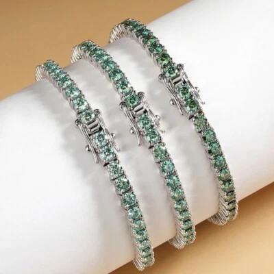 3mm Round Cut Green Moissanite Tennis Chain Bracelet Women's 925 Sterling Silver - Image 1 of 4
