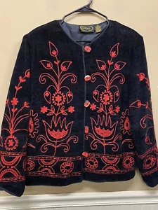 Chaqueta Alex Kim Chenille Negra Roja Bordada Art to Wear Talla Mediana - Imagen 1 de 5