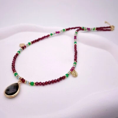 Garnet Agate Ruby 3mm Natural Gemstone Necklace Handmade Choker Labradorite - Image 1 of 4
