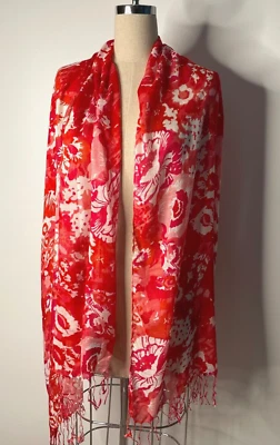 Liz Claiborne - цветочный красный, оранжевый, розовый легкий надежном/шарф с бахромой новый с Ярлыками - Изображение 1 из 4