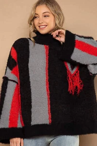 Excellence one POL Turtleneck Color Block Fringe Detail Sweater - Picture 1 of 5