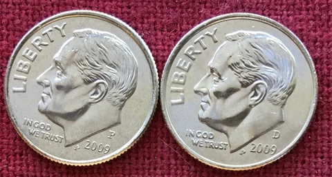 2009 P & D Mint  Roosevelt Dimes - OBW - FROM Uncirculated rolls, 1 DIME of each Cover