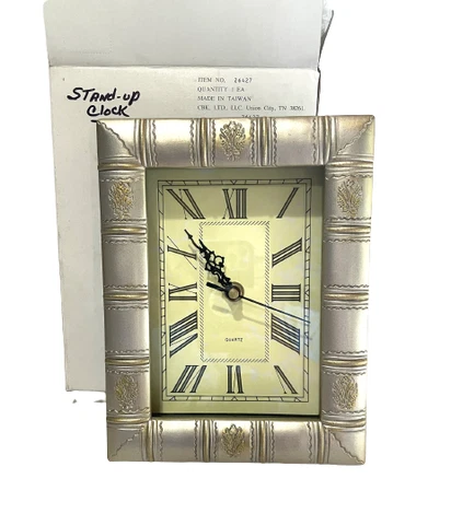 Vintage Stand Up Clock Ornate Hold Tone Book Design Plastic Rectangle Quartz Cover