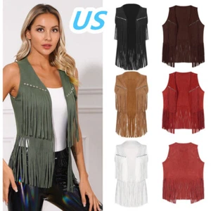 Damen Western Cowgirl Kostüm Fransen Kunstleder Weste Weste Cardigan - Bild 1 von 85
