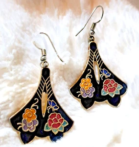 Vintage Goldtone Floral Enamel Cloisonne Drop Earrings - Picture 1 of 2