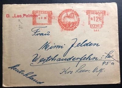 Rotterdam Países Bajos 1939 medidor cancelación cubierta a Westhauderhn Alemania Foto 1 de 2