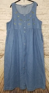 Capacity Women Plus Sz 2X Denim Jumper Maxi Dress Embroidered Sleeveless Pockets - Picture 1 of 10