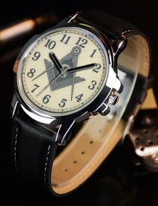 Masonic Freemason Square & Compass Analog Watch – Black Faux Leather Band - Picture 1 of 4