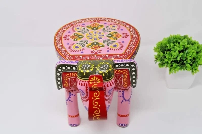 Pink Hand Painted Elephant Decorative Stools Wooden Miniature Elephant Table - Image 1 of 4