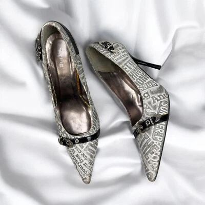 Gray Graffiti Art High Heels Pumps Pointed Toe Embossed Y2K Buckle Party US 7.5 - Image 1 of 4