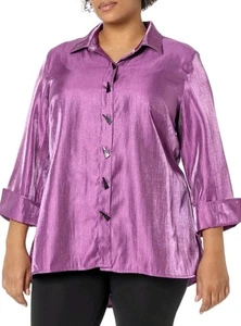 Multiples Womens Plus Purple Shimmer Button Tunic Top Turn Up Cuff 3/4 Sleeve 3X - Picture 1 of 13